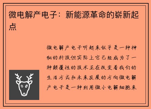 微电解产电子：新能源革命的崭新起点