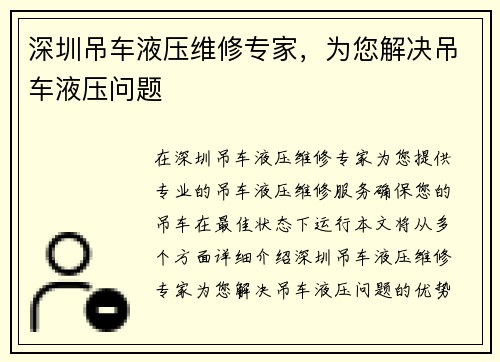 深圳吊车液压维修专家，为您解决吊车液压问题